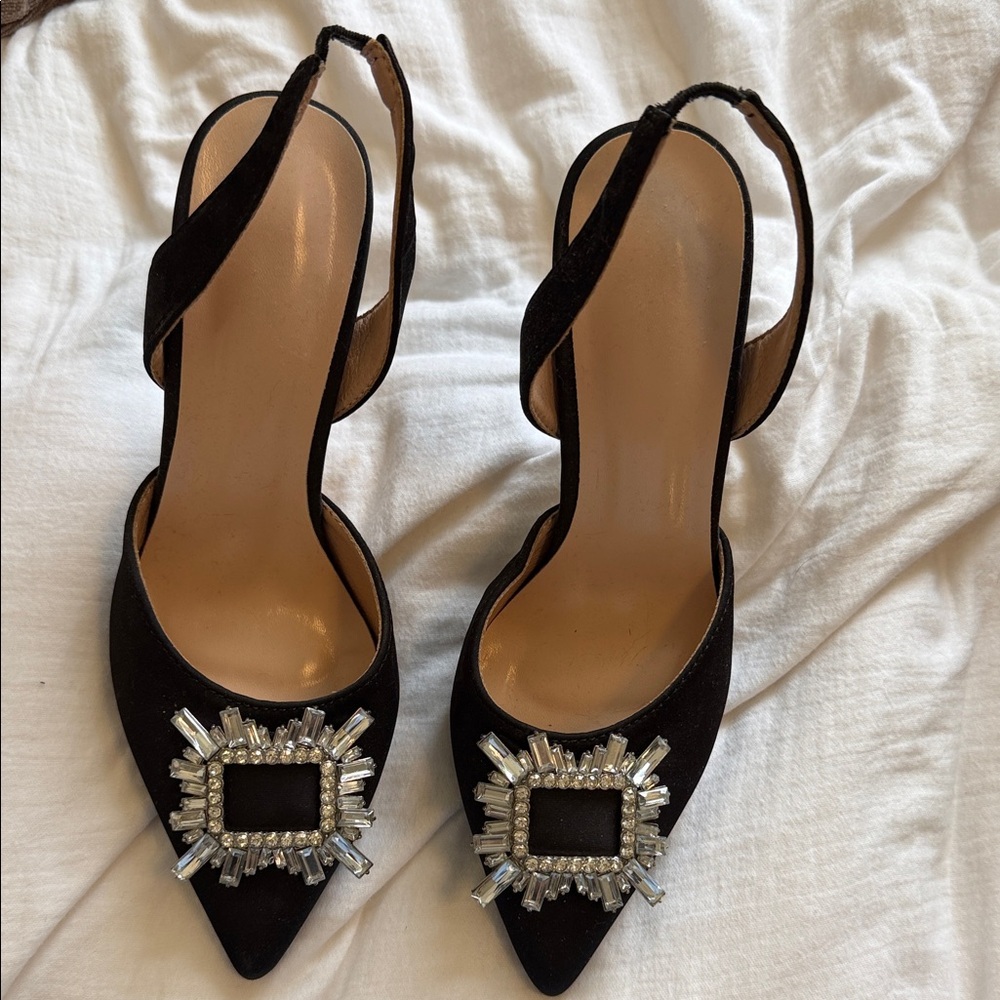 SHEIN Black Slingback Heels with Crystal Accents